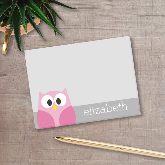 Bloco Post-it Coruja de Cartoon Bonita - Nome Personalizado Rosa (A cute owl post-it notepad with ana rea to add your name)