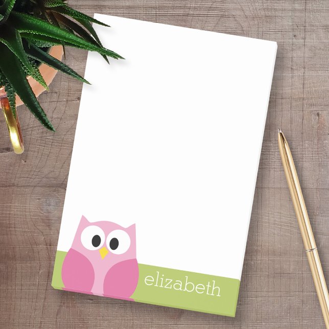 Bloco Post-it Coruja de Cartoon Bonita - Rosa e Verde limão (Custom Post-it Note Pads - Add your name and other text)