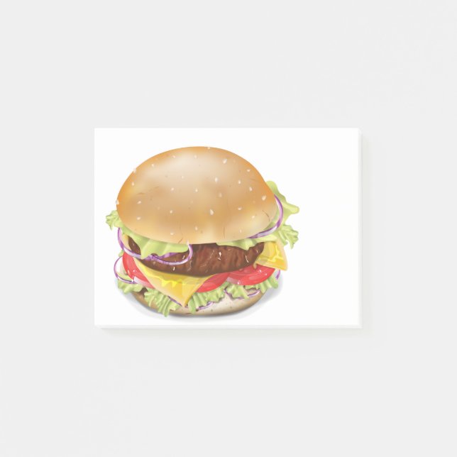 Bloco Post-it Delicioso hambúrguer ou cheeseburger. (Frente)
