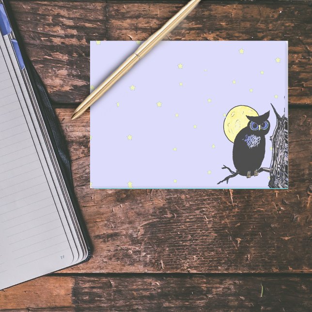 Bloco Post-it Estrelas da Lua da Árvore Preta (Black owl in tree full yellow moon with stars on light blue post it notes.)
