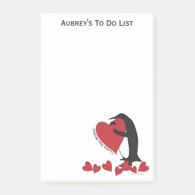Bloco Post-it Eu Te Amo Mais! Pinguim e Coração Vermelho (Frente)