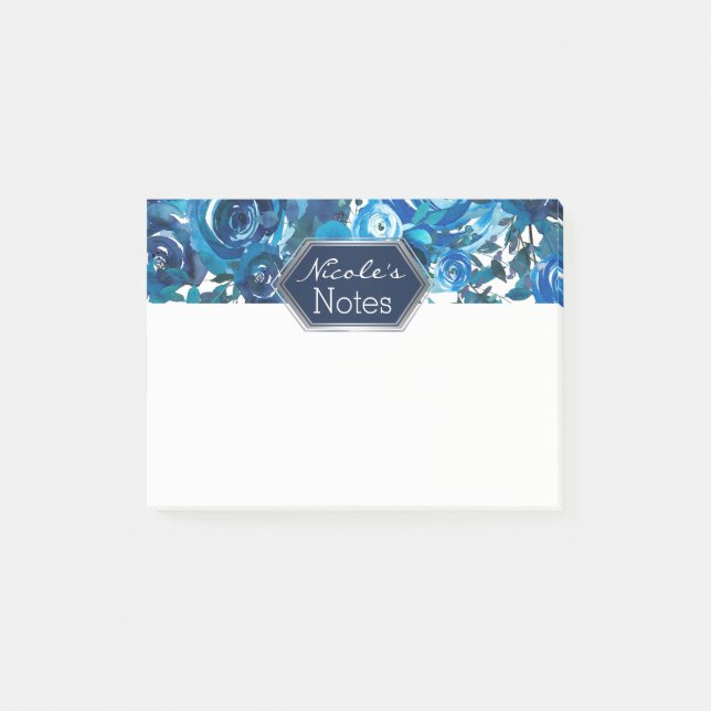 Bloco Post-it Flores Florais Índigo Azul Elegantes Chic Casament (Frente)