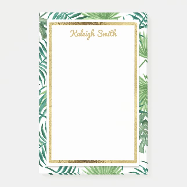 Bloco Post-it Folhas Tropicais e Post It Personalizado Dourado (Frente)