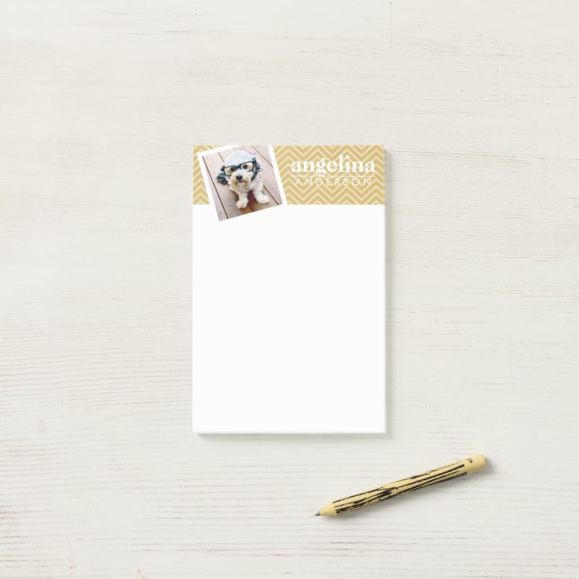 Bloco Post-it Foto com Padrão Chevron Dourado e Nome Personaliza (Na mesa)