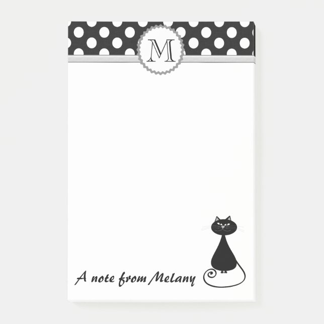 Bloco Post-it Gato preto engraçado e giro bolinhas monograma (Frente)