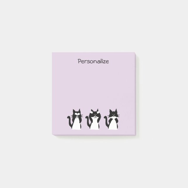 Bloco Post-it Gatos Pretos e Brancos | Três Gatinhos Sábios Roxo (Frente)