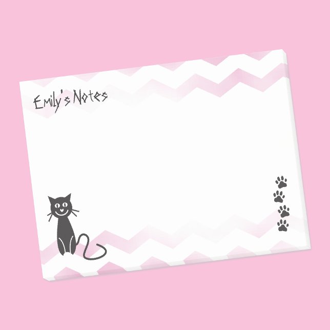 Bloco Post-it Ilustração de Gato Bonito Zigzags Rosa Nome Modelo (Criador carregado)
