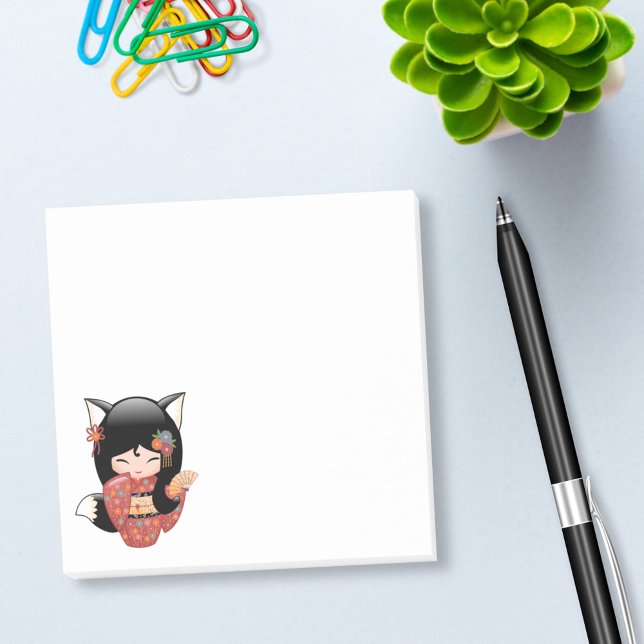 Bloco Post-it Kitsune Kokeshi Doll - Rapariga Negra Fox Geisha (Criador carregado)