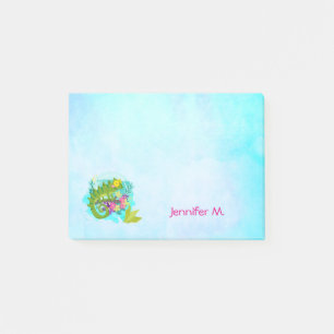 Bloco Post-it Lagarto Tropical com Flores no Azul Turquesa