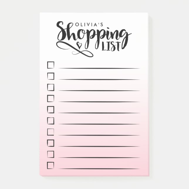 Bloco Post-it Lista de Compras Rosa Personalizada (Frente)
