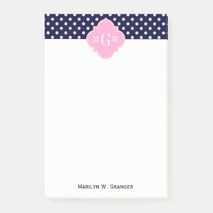 Bloco Post-it Marinho Bolinhas Branco Quatrefoil Rosa 3 Monogram