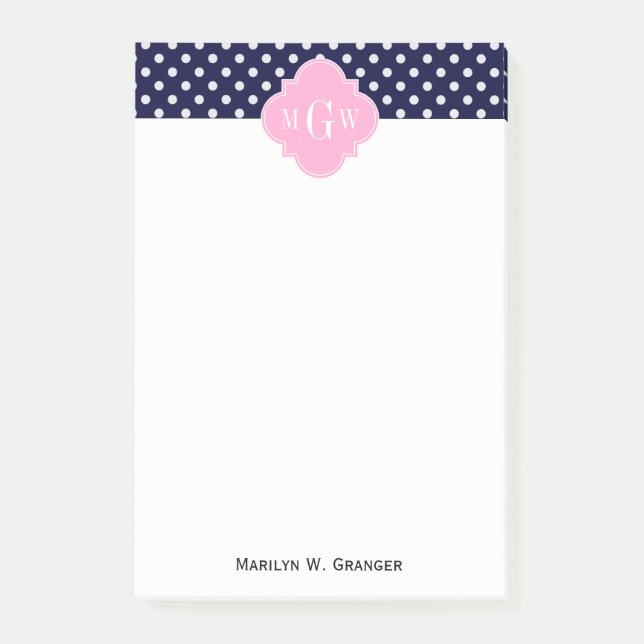 Bloco Post-it Marinho Bolinhas Branco Quatrefoil Rosa 3 Monogram (Frente)