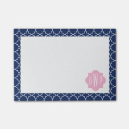 Bloco Post-it Marinho Quatrefoil e Monograma Rosa