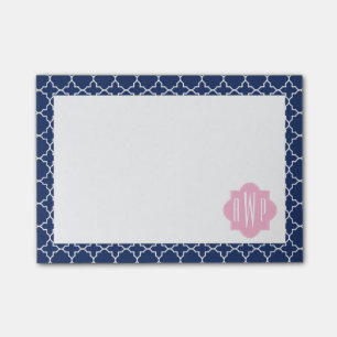Bloco Post-it Marinho Quatrefoil e Monograma Rosa