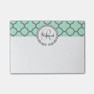 Bloco Post-it Mint Green Cinza Quatrefoil Name Monogrammed Laure