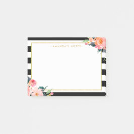 Bloco Post-it Moldura Dourada Floral com Cor da Água - Preto - L