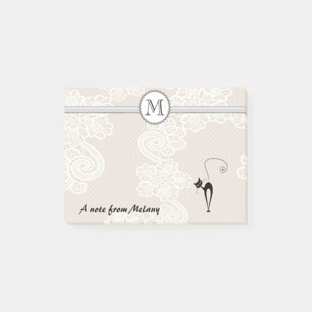 Bloco Post-it Monograma branco elegante de na moda preto (Frente)
