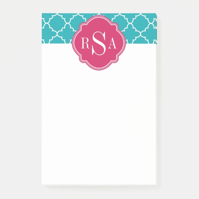 Bloco Post-it Monograma Cor-de-Rosa Azul Trellis (Frente)