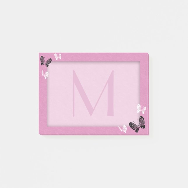 Bloco Post-it Monograma da borboleta no rosa (Frente)