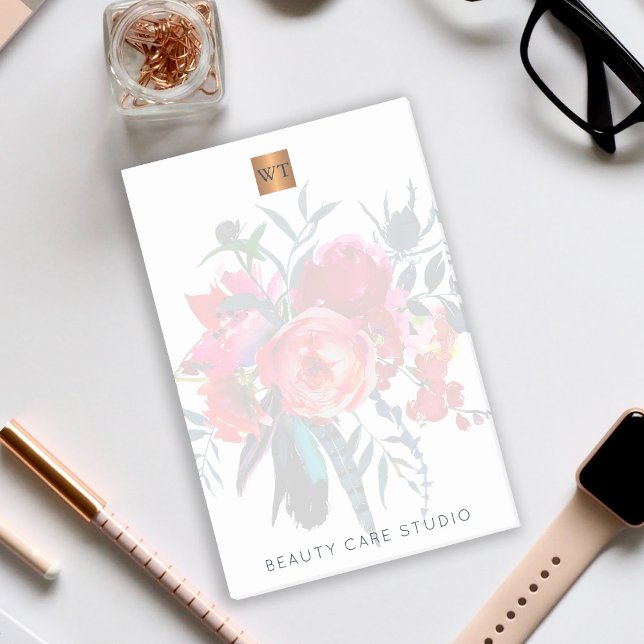 Bloco Post-it Monograma de ouro metálico de buquê floral e cobre (Criador carregado)