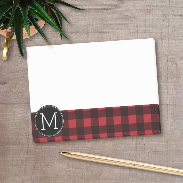Bloco Post-it Monograma de Padrão de Xadrez de Buffalo Vermelho  (Personalized post-it notes with a monogram - buffalo check - low quantity available)