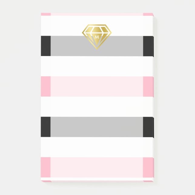 Bloco Post-it Monograma Dourado Diamante e Strips Rosa e Preta (Frente)