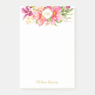Bloco Post-it Monograma Flores Vintage Cor-de-rosa Postado roxo 