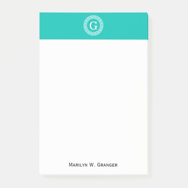 Bloco Post-it Monograma Inicial de Quadro-Redondo Grego Branco T (Frente)