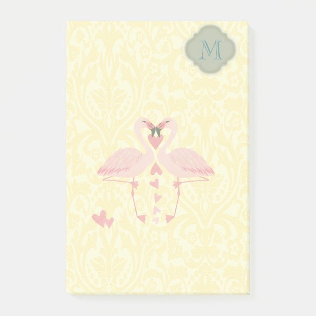 Bloco Post-it Monograma moderno e elegante de flamingos damasco (Frente)