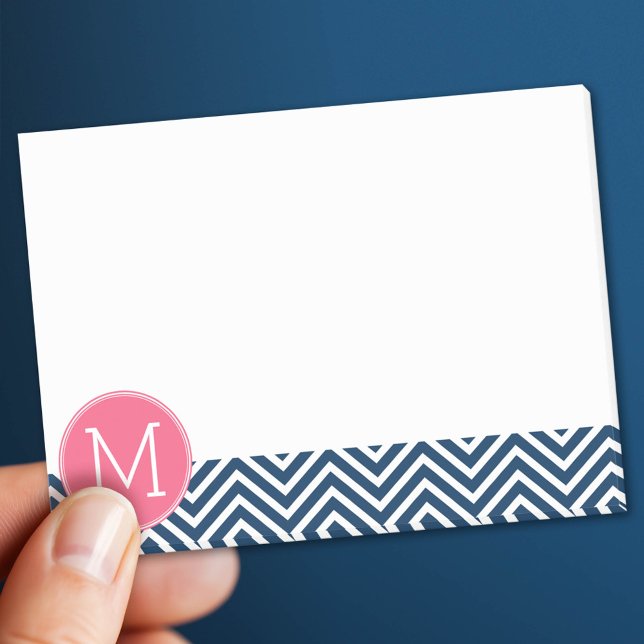 Bloco Post-it Monograma Personalizado de Chevrons Azul e Magenta (Custom Post It Notepad)