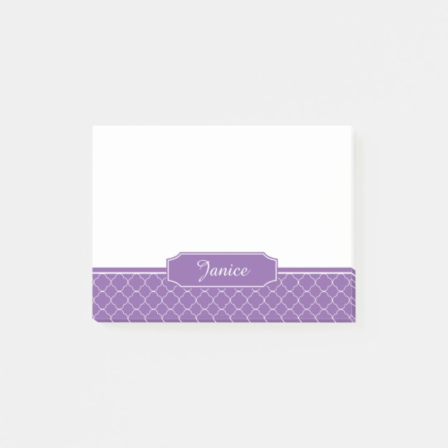 Bloco Post-it Monograma roxo e branco de Quatrefoil (Frente)