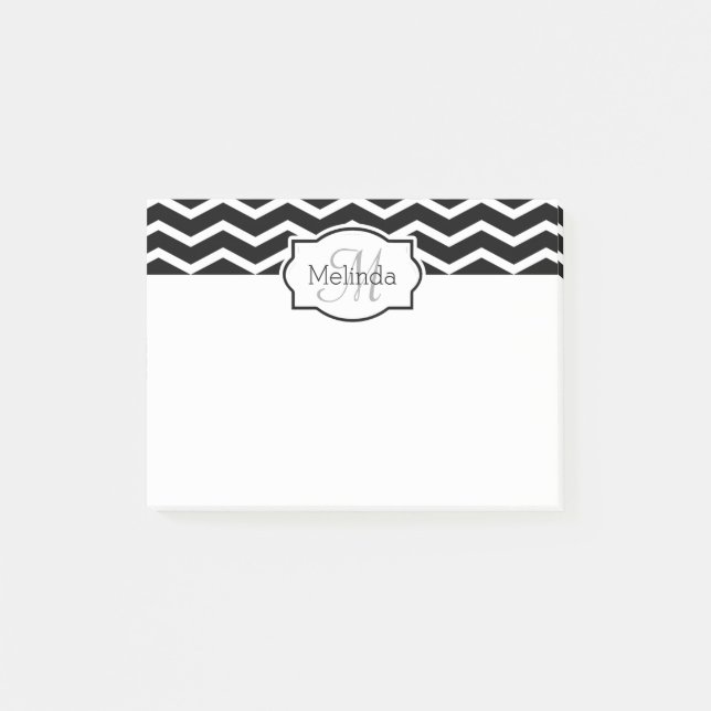 Bloco Post-it Nome Chevron Preto e Branco Monograma (Frente)
