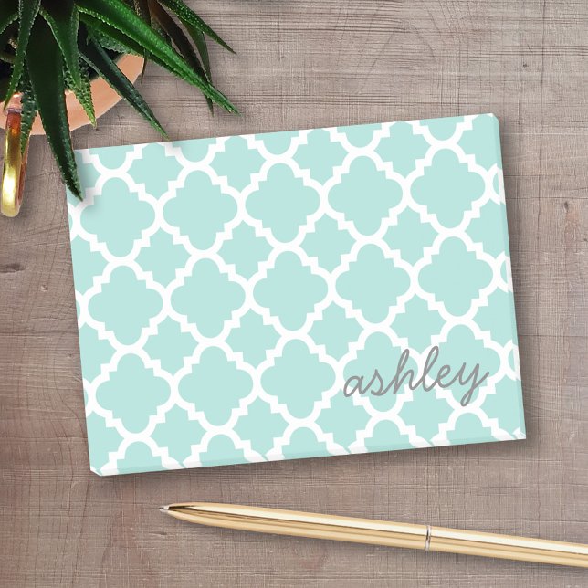 Bloco Post-it Nome do Script do Padrão Turquoise Quatrefoil (Personalized Post-it notes - add your name and other text)