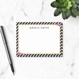 Bloco Post-it Nome Personalizado Chic Black Stripes Pink Flowers