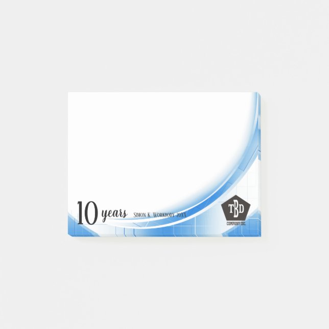 Bloco Post-it Onda azul prêmio do aniversário do empregado de 10 (Frente)