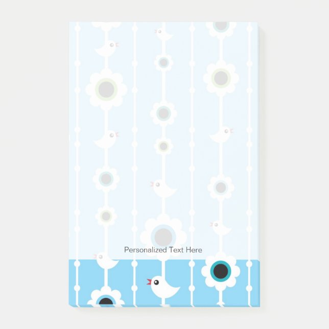 Bloco Post-it padrão azul de pássaros e flores (Frente)