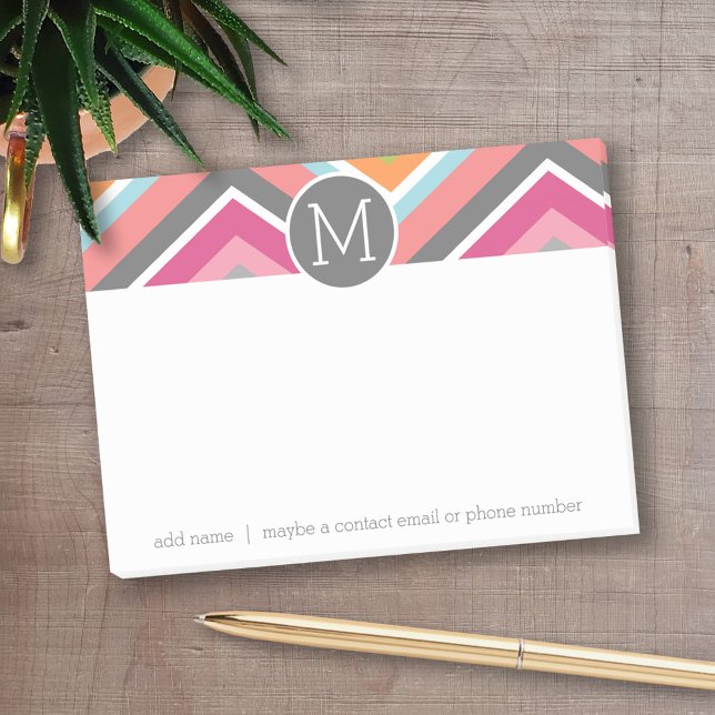 Bloco Post-it Padrão Chevron Colorido com Monograma Personalizad (Personalized Post-It Notes - add you name or other text)