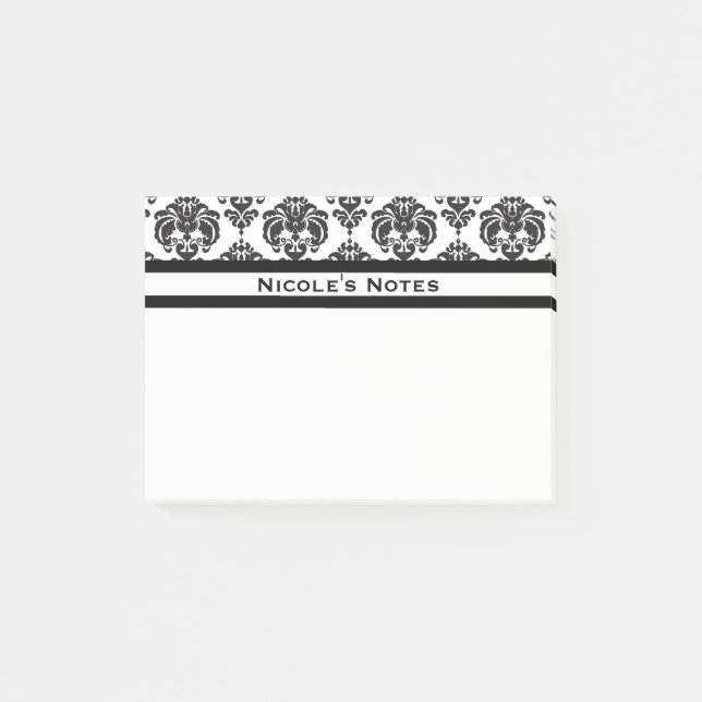 Bloco Post-it Padrão Damasco Preto e Branco Moderno Personalizad (Frente)