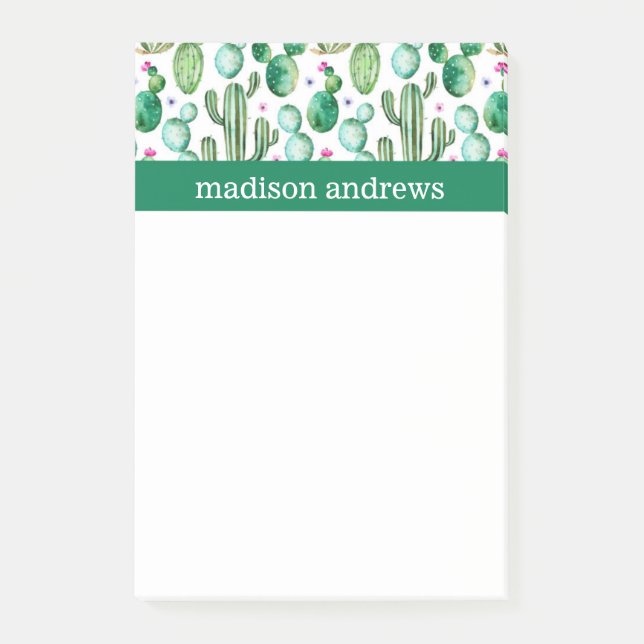 Bloco Post-it Padrão de Cactos de Aquarela (Frente)