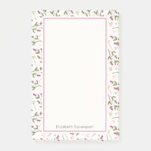 Bloco Post-it Padrão de Flores Selvagens Rosa e Verde de Longo C