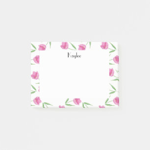 Bloco Post-it Padrão de Tulipas de Aquarela Rosa Personalizado