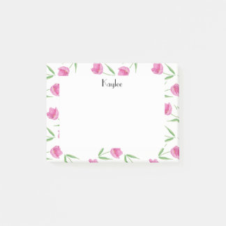 Bloco Post-it Padrão de Tulipas de Aquarela Rosa Personalizado