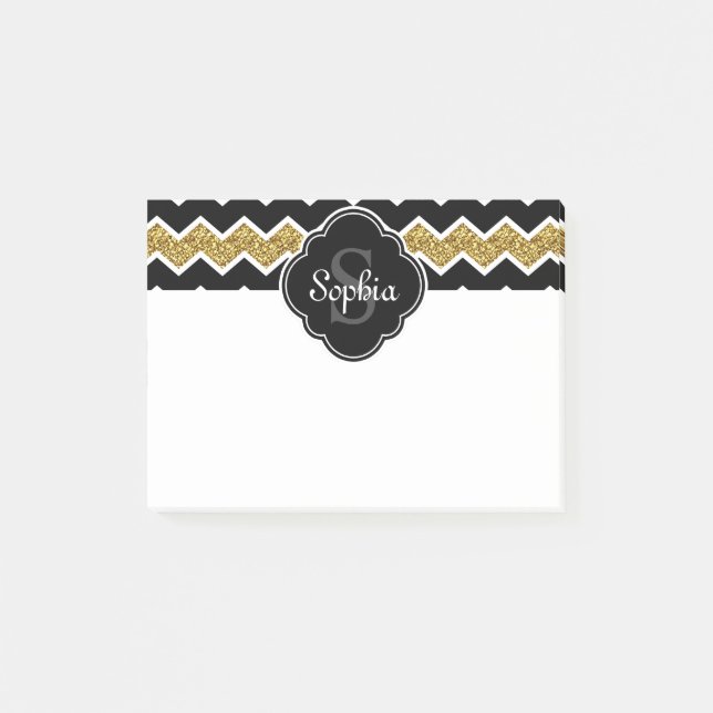 Bloco Post-it Padrão Dourado de Glitter Glitter Branco Preto (Frente)