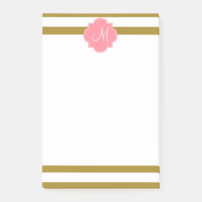 Bloco Post-it Padrão Dourado Metálico Monograma e Riscado Rosa (Frente)