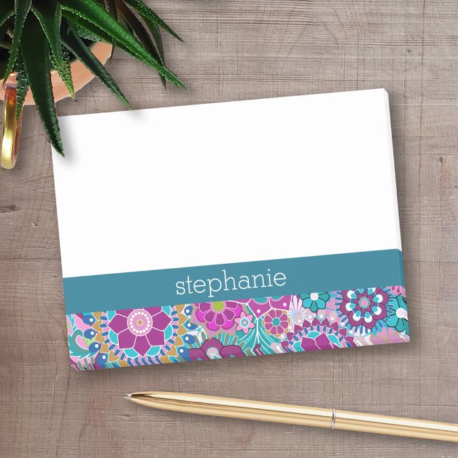 Bloco Post-it Padrão Floral Rosa e Teal - Adicione seu nome (Personalized Post-It Notes - add name or other text)