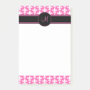 Bloco Post-it Padrão Monograma de Fleur de Lis, Branco e Rosa Qu