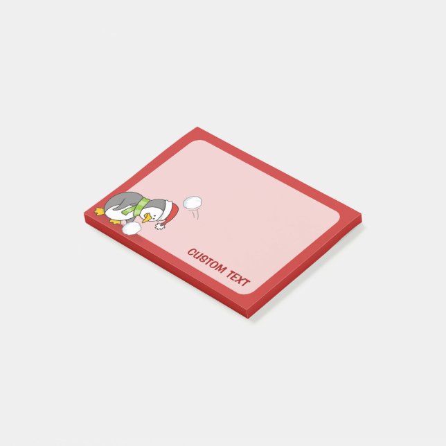 Bloco Post-it Pinguim de Natal ganhando uma bola de neve (Inclinado)
