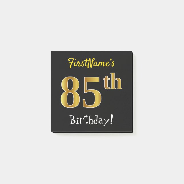 Bloco Post-it Preto, Dourado Falso Aniversário de 85 anos, Com N (Frente)