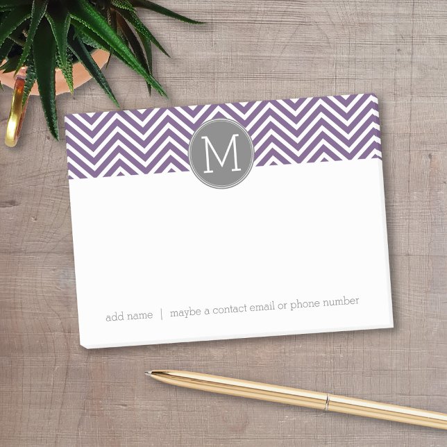 Bloco Post-it Púrpura e Cinza do padrão-medidor com monograma (Personalized post-it notes with a monogram and contact information - low quantity available)