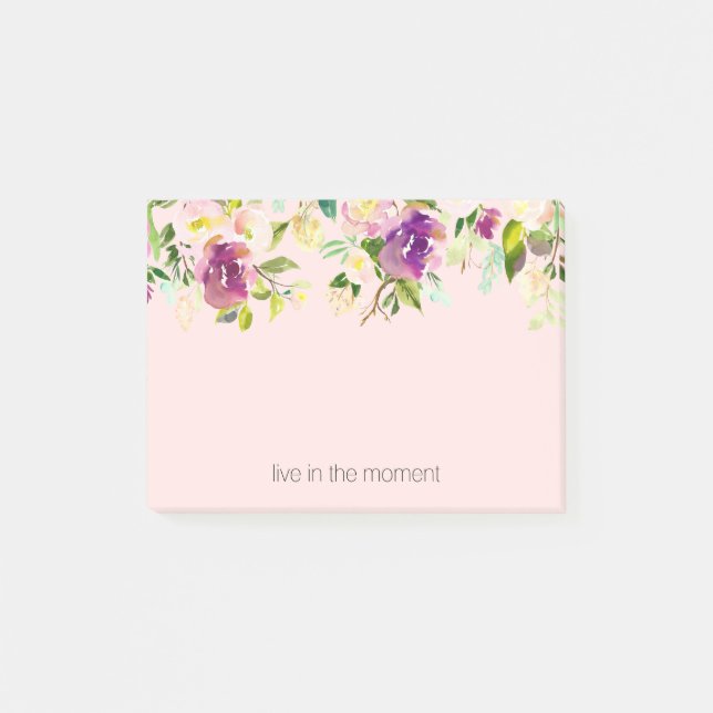 Bloco Post-it Rosa Bege Roxo Floral Aquarela (Frente)